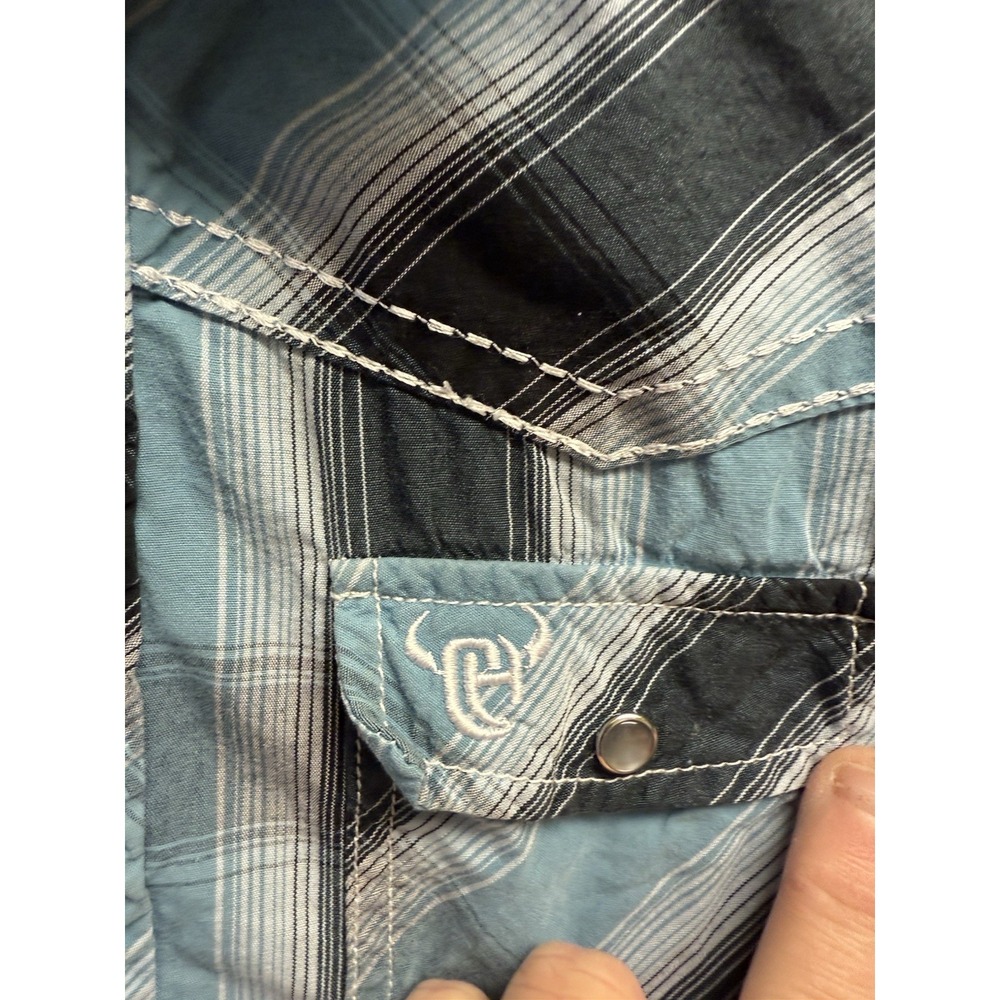 Cowboy Hardware Boys Western Snap Shirt Size XS 5 Blue Black Plaid Cowboy - Picture 4 of 9